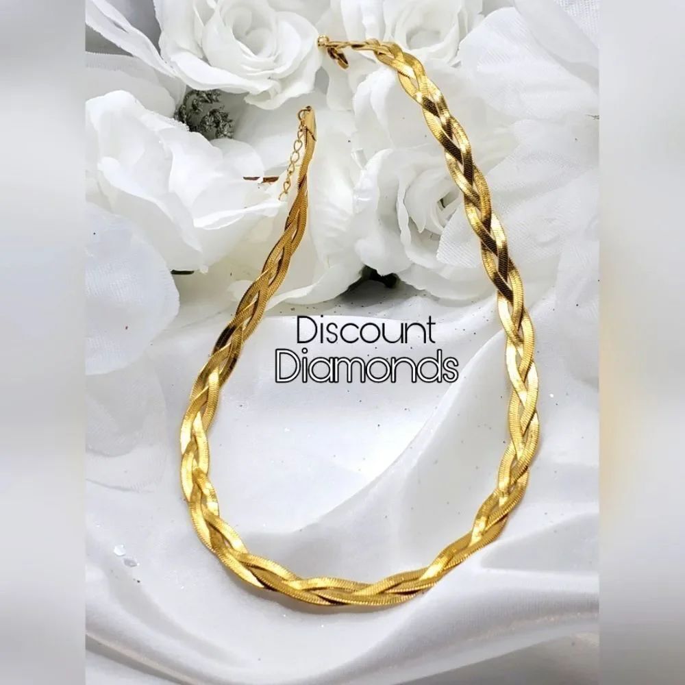 TitaniumTriple Strand Braided Choker Necklace Stamped 18K Yellow Gold